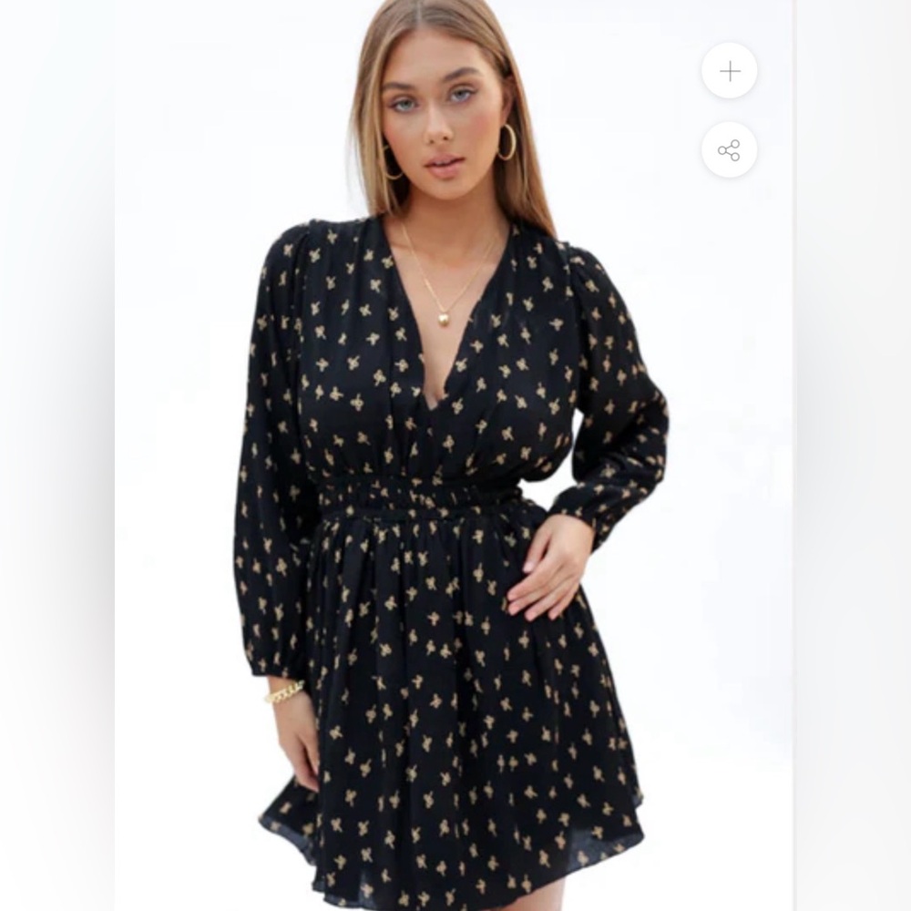 BISHOP + YOUNG black short V- Neck Sonata Dress In BOW  Print - Size S
